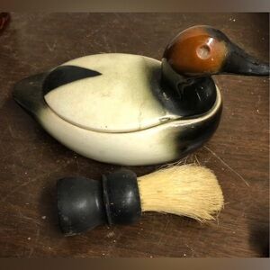 Vintage duck shave shaving dish with brush, primitive man cave decor FLAW
